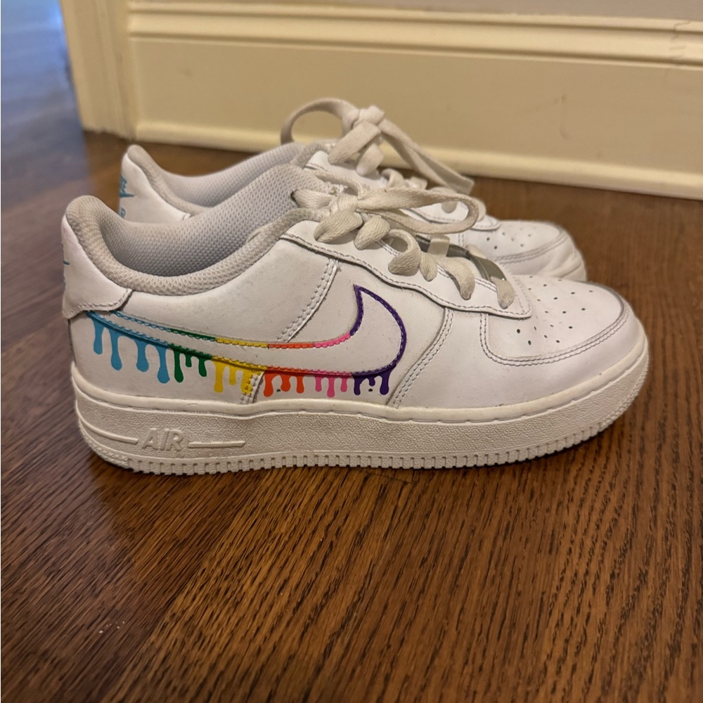 Nike Air Force 1’s with custom rainbow drop design (size 4.5Y)